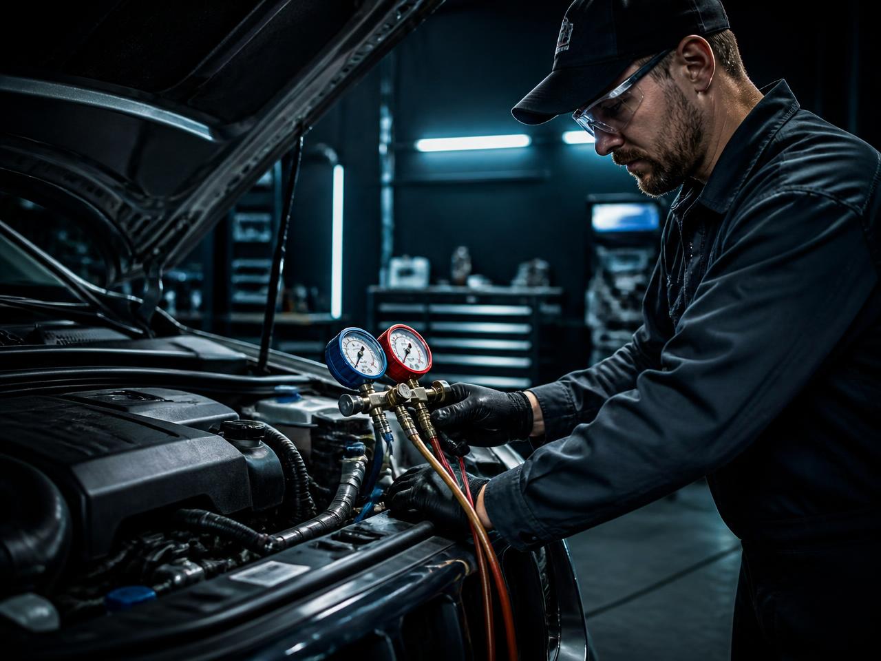 Car air conditioning service in progress